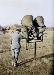 French Soldier with an Acoustic Listening Device Capable of Tracking Aeroplanes, in Preparation for Anti-Aircraft Artillery, France, c.1916-18